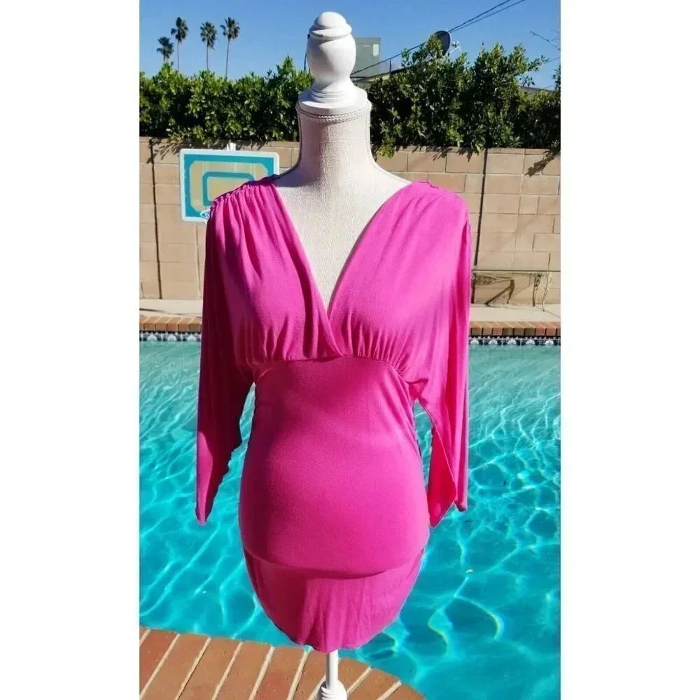 Boston Proper Medium V Neck and V Back Pink Ruched Bodycon Mini Cocktail Skirt